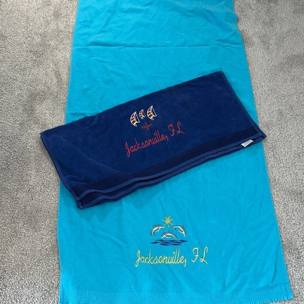 Retro Dolphins Sailboats Jacksonville Florida Beach Towel Set of 2 Vintage Terry